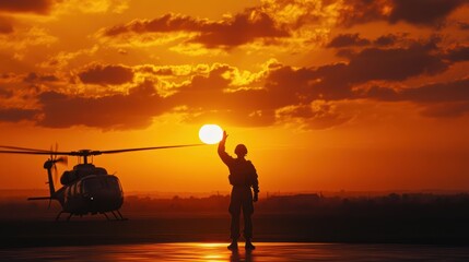 Silhouette of a soldier at sunset near a helicopter.