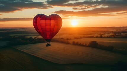 Obraz premium A cinematic shot of a heart-shaped hot air balloon floating over a serene countryside at sunset, with warm light reflecting off the basket holding a couple.