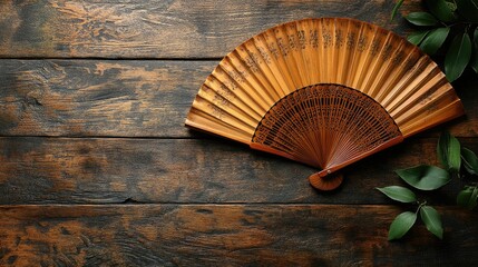 Wooden hand fan with green leaves on dark wood background.