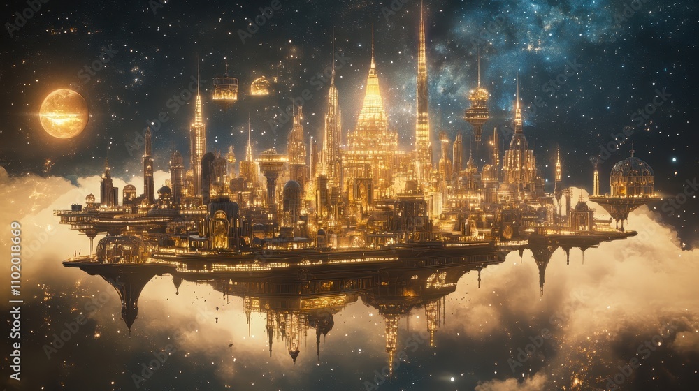 Poster a city is floating in the sky with a large yellow building in the center