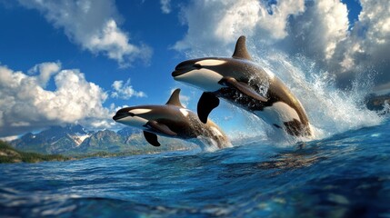 Orcas dynamically jumping in vibrant blue water, against a stunning backdrop of cloudy skies and distant snowy mountains, creating an awe-inspiring natural scene.
