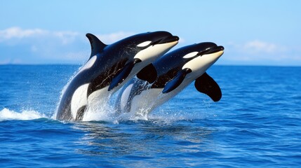 Two orcas energetically leap above the ocean surface, showcasing agility and strength against a backdrop of pristine waters and sunny skies, embodying vibrant marine life.