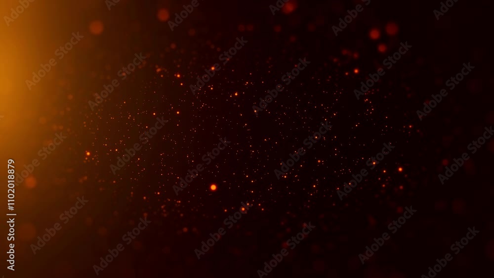 Poster mesmerizing motion view of glittering orange particles gracefully moving across a dark background, p