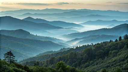 Fototapeta premium Muted green and blue tones of a foggy mountain range at dawn, mountains, , natural light, atmospheric conditions, landscape