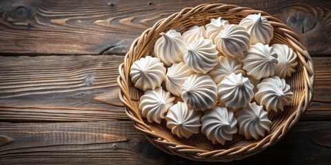 Meringue cookies arranged neatly in a rustic wicker basket from a birds-eye view , meringue, cookies, dessert, sweet