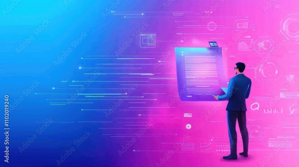 Poster a man is looking at a document on a computer screen