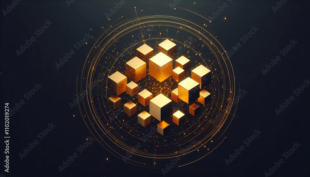 Aufkleber glowing golden cubes float in dark space