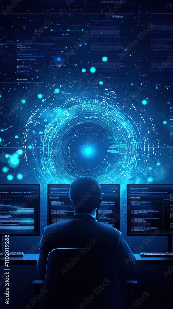 Poster a man is sitting in front of a computer with a blue screen