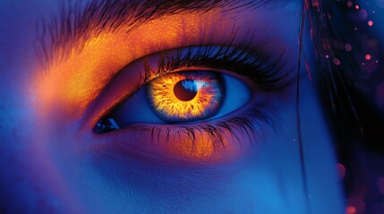 Fototapeta premium Eye with Neon Reflections, City Lights and Curiosity