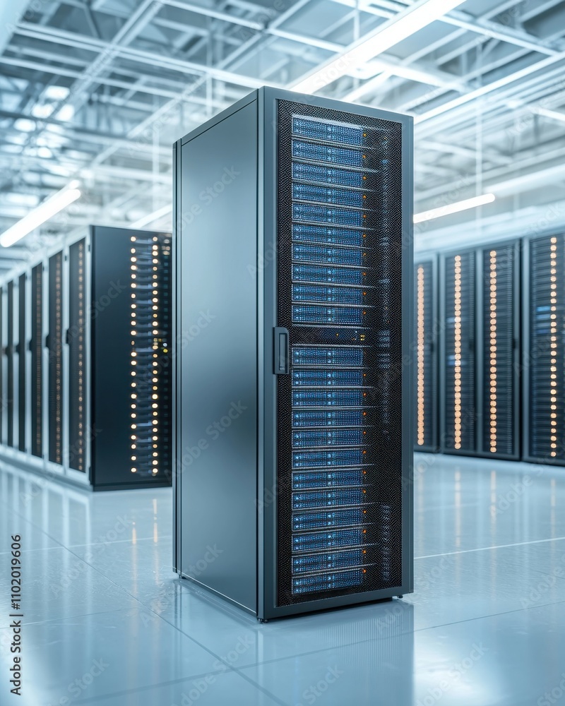Poster a large server rack with many servers inside