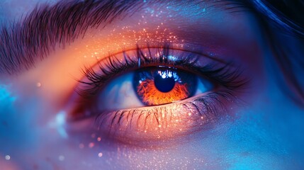 Fototapeta premium Eye with Neon Reflections, City Lights and Curiosity