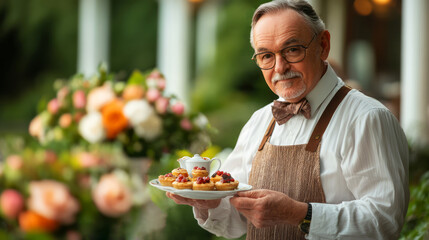 Elegant Senior Man Serving Delicious Pastry Plates in Garden Setting with Floral Arrangements