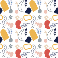 Seamless abstract pattern featuring bold and colorful shapes on a white background.