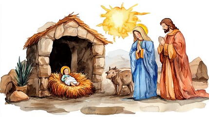 Nativity scene depicting Mary, Joseph, and baby Jesus in a stable.