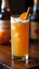 Hot Buttered Rum with Cinnamon and Orange Garnish on a Rustic Bar Counter