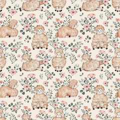 Fototapeta premium Hand painted watercolor cute sheep and flowers seamless pattern. Whimsical boho nursery background with cartoon lambs and botanical floral elements on beige for baby fabric, kids apparel or wallpaper.