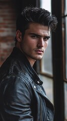 Obraz premium Close-up Latin Alpha man fashion leather jacket model