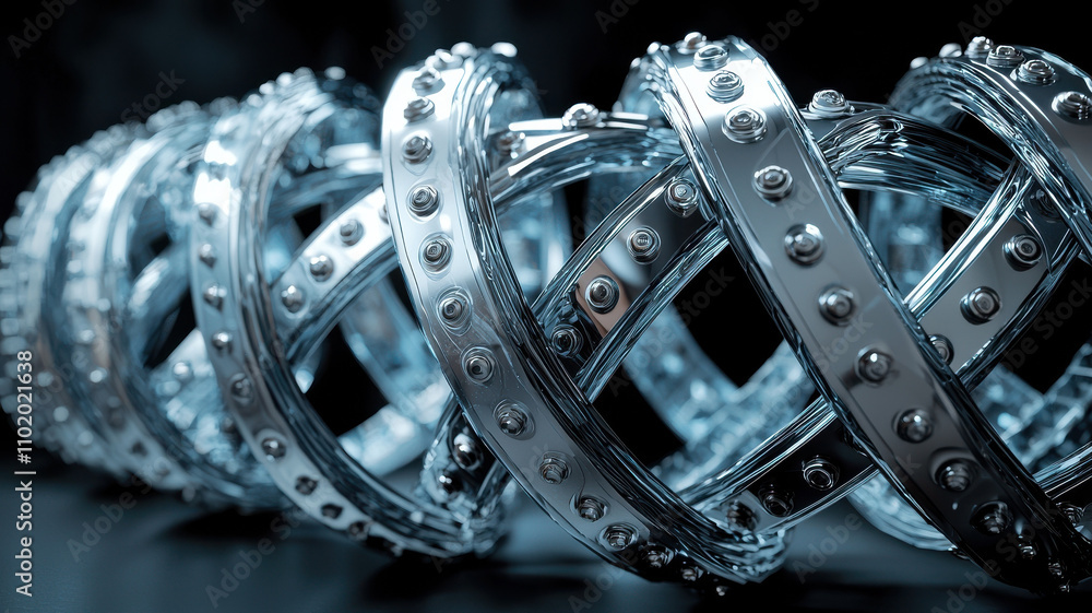Poster abstract 3d rendering of intertwined metallic dna strands with intricate details, showcasing futuris