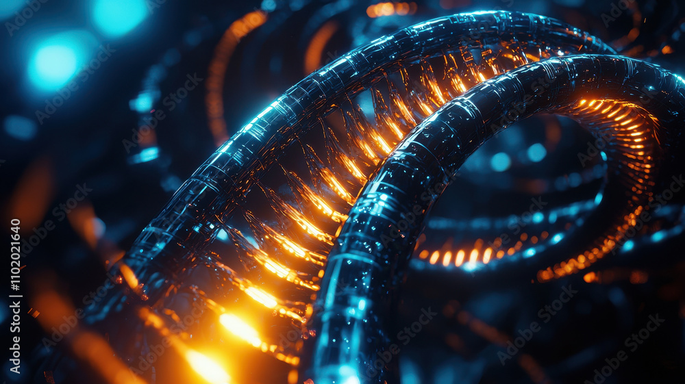 Poster abstract 3d rendering of dna strands intertwined with glowing elements, showcasing futuristic and sc