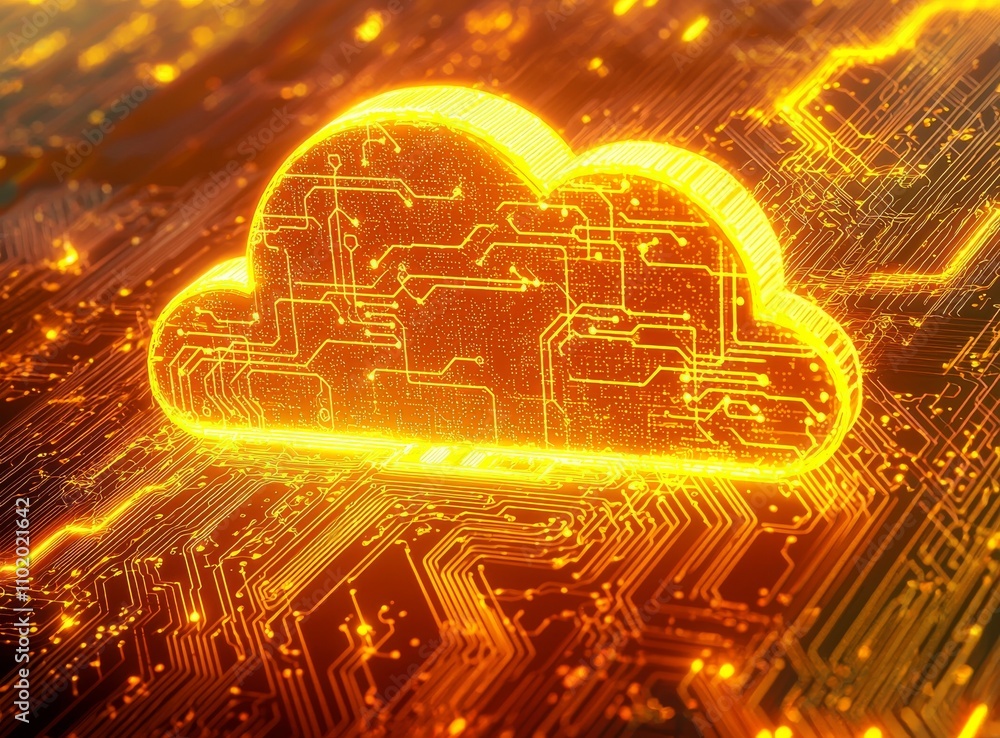 Poster a blue circuit background features a golden cloud computing icon.