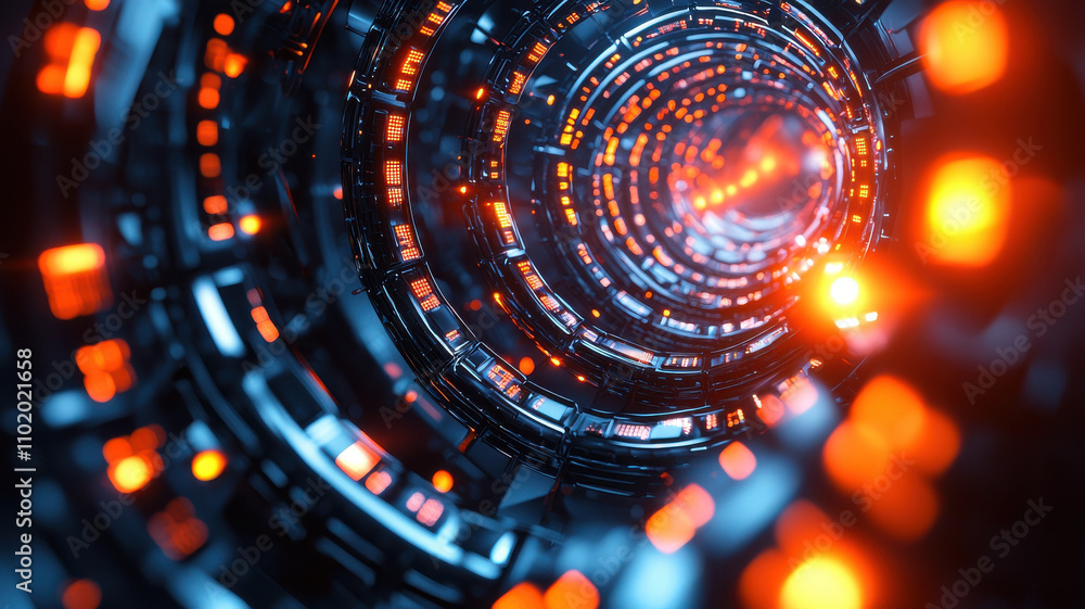 Poster futuristic tunnel with glowing orange and blue lights, creating sense of depth and motion. abstract 