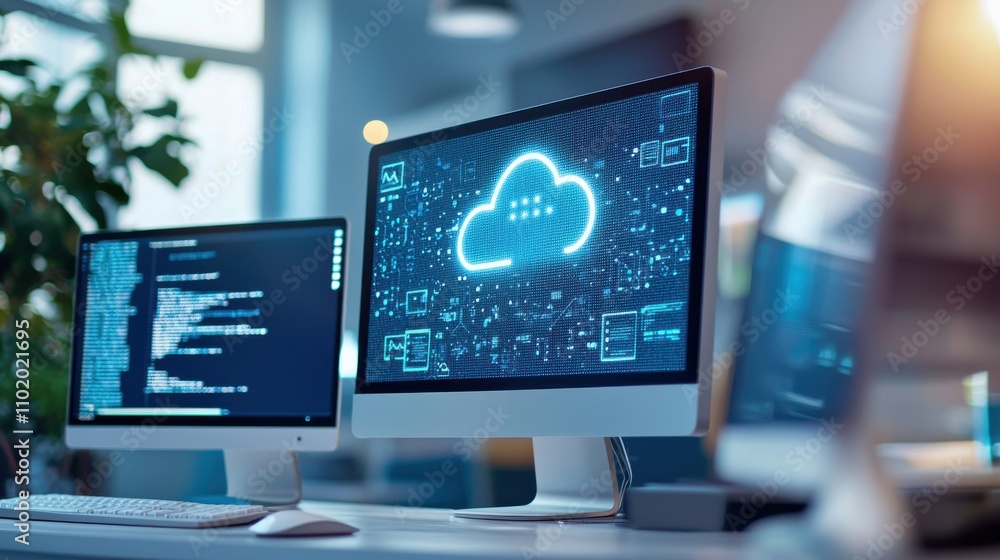 Poster two computer monitors with a cloud symbol on them