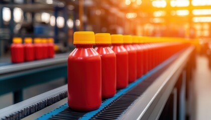 Fototapeta premium Pharmaceutical factory, Medicine, Inspection. Bottles on a conveyor belt in a factory setting with warm lighting.