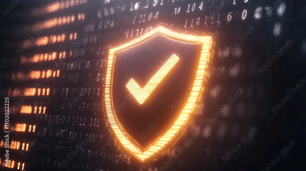 Poster cyber security and information protection are represented by a digital shield with a checkmark.