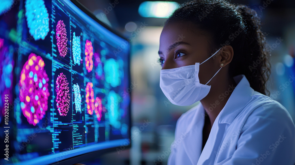 Aufkleber health professional wearing mask analyzes colorful data on computer screen, focusing intently in lab