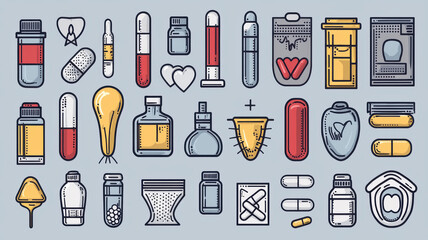 collection of various medicine and supplement icons, including pills, capsules, bottles, and syringes, displayed in infographic style on light background