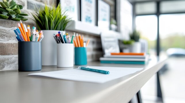 The image captures a modern desk setup featuring art tools like pencils and holders, enhanced by vibrant plants and decorations, reflecting a contemporary creative space.