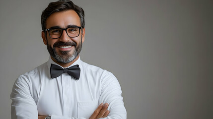 Fototapeta premium Professional portrait of a smiling businessman studio setting half body shot confident attitude occupation focus