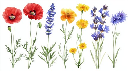 Fototapeta premium A white background showcasing watercolor art of wildflowers, leaves, and grass from a botanic garden.