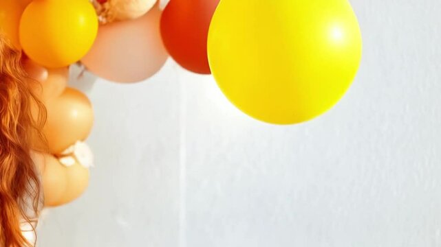Junge Frau mit roten Haaren und Sommersprossen pr&auml;sentiert Shampoo-Flasche mit Luftballons im Hintergrund