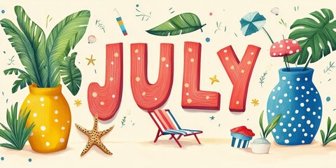 July Summer Banner with Beach and Coconut Elements