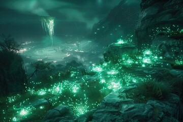 Obraz premium Glowing Plants on a Rocky Cliff Overlooking a Distant City