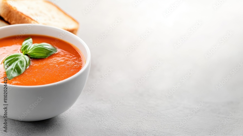 Wall mural A smooth and creamy bowl of tomato soup served in a white bowl, garnished with fresh basil leaves, offering a visually appealing and appetizing dish.