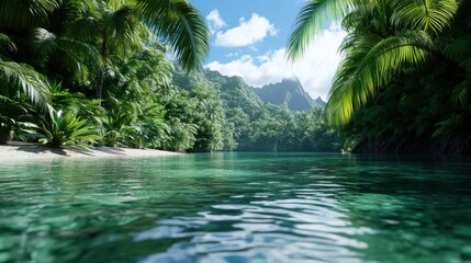 A lush tropical river lined with vibrant green forest and captivating mountains, presenting a breathtaking landscape that captures the essence of natural beauty.