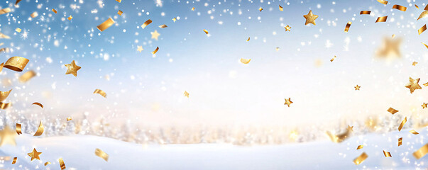Vibrant holiday banner with golden confetti, sparkling stars, and a prominent Happy New Year 2023 greeting against a winter backdrop, generative AI.