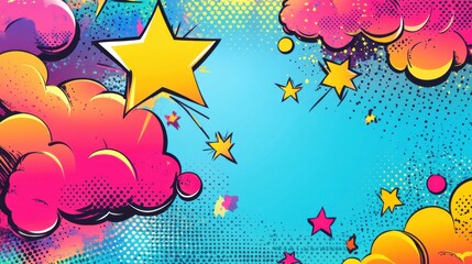 Naklejka premium Pop art colorful comics book style background with clouds and stars. Vector illustration.