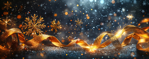 Sophisticated design with golden ribbons, glittery snowflakes, and a bold 2023 message illuminated by soft winter light, generative AI.