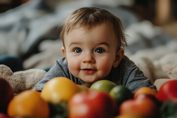 Fototapeta premium Smiling Baby Surrounded by Fresh Produce