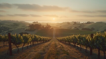 Fototapeta premium Lush vineyard flourishing with blooming grapevines under the warm glow of late spring sunlight