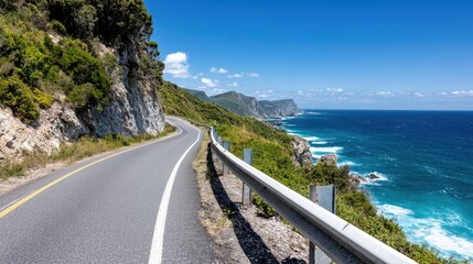 A picturesque coastal road winds alongside rugged cliffs, with vivid blue ocean waves crashing, showcasing the natural beauty and inviting a sense of freedom and adventure.