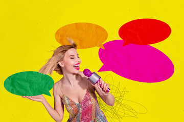 Composite photo collage of happy sexy girl celebrity hold mic sing bubble communication speech text...