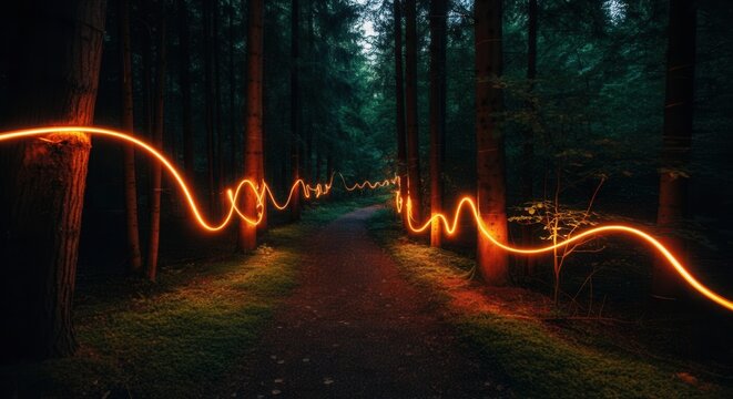 Enigmatic pathway illuminated winding light trail at dusk