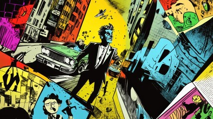 Fototapeta premium Graffiti drawing of a man in a suit at busy city. Vector illustration.