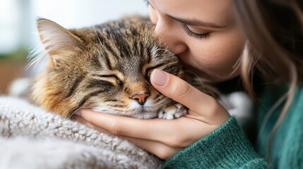 A woman lovingly cradles and kisses her content cat, highlighting a moment of affection and serene companionship in a warm domestic environment.