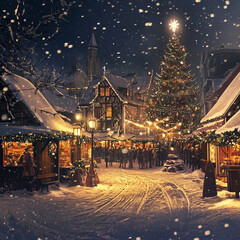 Obraz premium Christmas fair with wooden market stalls, festive garlands, sparkling lights. Snowy festive evening