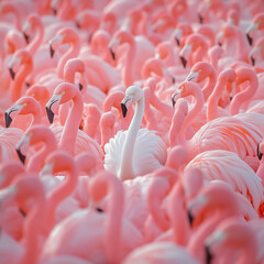 Obraz premium Unique white flamingo standing out among a flock of vibrant pink flamingos in a crowded scene